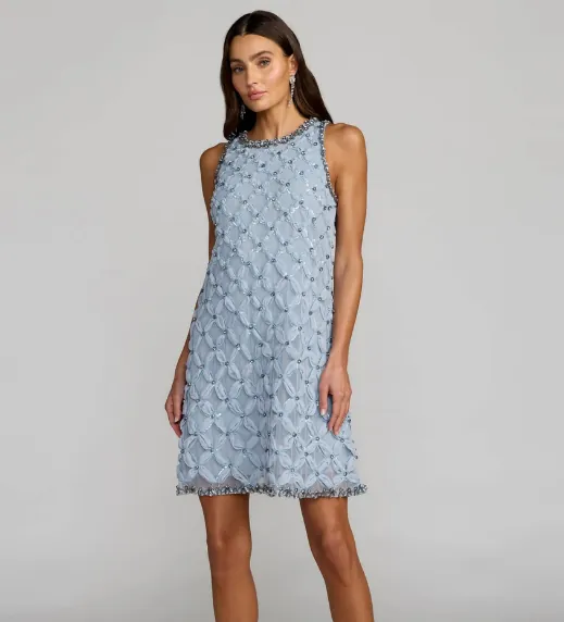 Blue Rhinestone Embellished Sleeveless Mini Dress